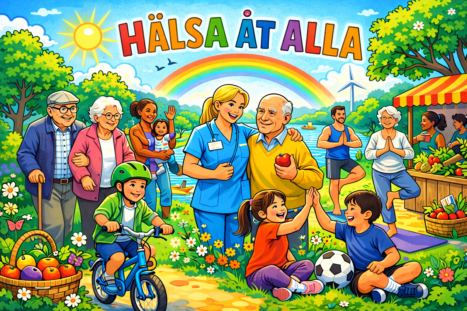 Hälsa åt alla - illustration med människor i olika åldrar och aktiviteter.
